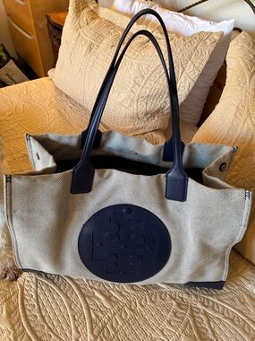 Tory Burch Navy and Natural Canvas Tote with Logo Emblem
